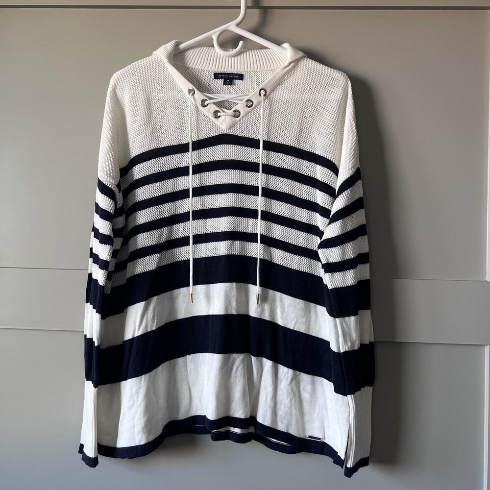 Tommy‎ Hilfiger Sweater Womens Medium White Navy Stripe Lace Up Hooded Pullover